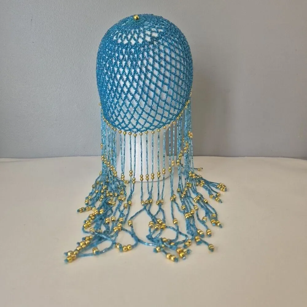 Egyptian Cleopatra Flapper Turquoise Gold Beaded Crochet Head Cap Costume Piece